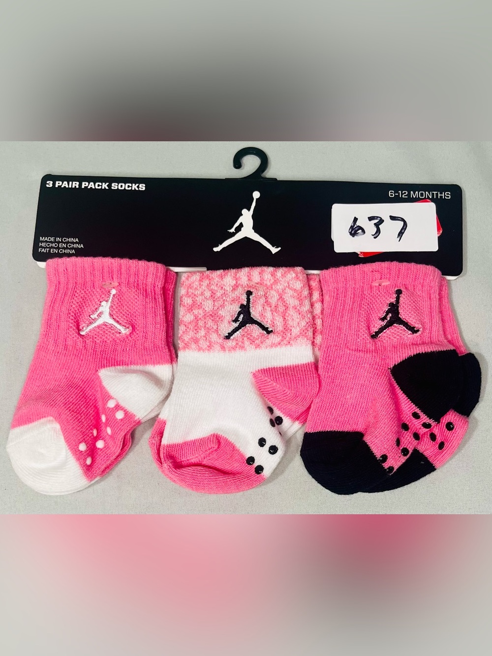 Jordan Baby Girls 3-Pack Pink & White Non-Slip Socks